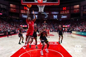 Nebraska Cornhusker guard Ahron Ulis (2) makes a layup against Maryland Terrapin forward Jordan Geronimo (22) in the first half during a college basketball game Thursday, February 13, 2025 in Lincoln, Nebraska. Photo by John S. Peterson.
