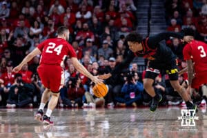 Nebraska Cornhusker guard Rollie Worster (24)steals the ball away from Maryland Terrapin guard DeShawn Harris-Smith (5) in the first half during a college basketball game Thursday, February 13, 2025 in Lincoln, Nebraska. Photo by John S. Peterson.