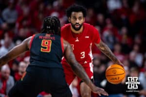 Nebraska Cornhusker guard Brice Williams (3) dribbles the ball against Maryland Terrapin guard Selton Miguel (9) in the first half during a college basketball game Thursday, February 13, 2025 in Lincoln, Nebraska. Photo by John S. Peterson.
