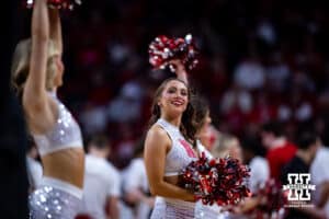 Nebraska Cornhuskers Scarlet dance team performs at a break in the action against the Maryland Terrapins during a college basketball game Thursday, February 13, 2025 in Lincoln, Nebraska. Photo by John S. Peterson.