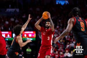 Nebraska Cornhusker guard Brice Williams (3) makes a pass against Maryland Terrapin guard Ja'Kobi Gillespie (0) in the first half during a college basketball game Thursday, February 13, 2025 in Lincoln, Nebraska. Photo by John S. Peterson.