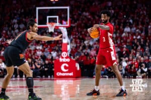 Nebraska Cornhusker guard Brice Williams (3) sets up a play against Maryland Terrapin guard Rodney Rice (1) in the first half during a college basketball game Thursday, February 13, 2025 in Lincoln, Nebraska. Photo by John S. Peterson.