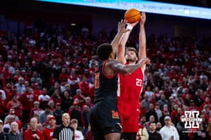 Nebraska Cornhusker forward Andrew Morgan (23) makes a basket against Maryland Terrapin forward Julian Reese (10) in the first half during a college basketball game Thursday, February 13, 2025 in Lincoln, Nebraska. Photo by John S. Peterson.