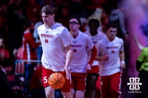 Nebraska Cornhusker forward Braden Frager (5) leads out the Huskers to take on the Maryland Terrapins during a college basketball game Thursday, February 13, 2025 in Lincoln, Nebraska. Photo by John S. Peterson.