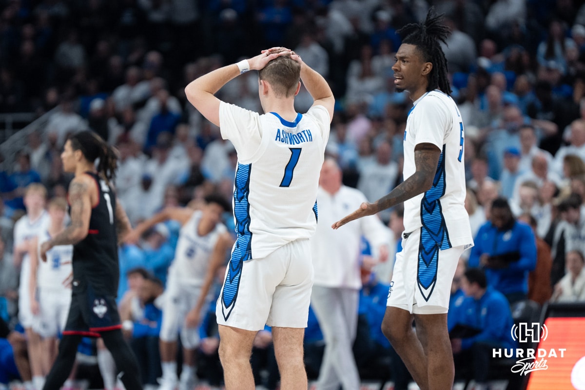 Creighton Men’s Basketball vs UCONN 2025-02-11 Creighton Bluejays Steven Ashworth upset during a college basketball game against UCONN on February 11th, 2025 in Omaha Nebraska. Photo by Brandon Tiedemann.