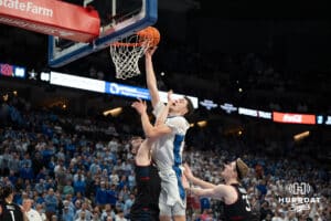 Creighton Bluejays Ryan Kalkbrenner looks to scoreduring a college basketball game against UCONN on February 11th, 2025 in Omaha Nebraska. Photo by Brandon Tiedemann.