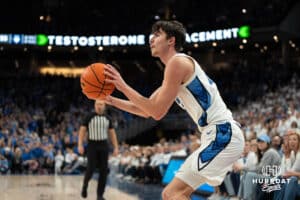 Creighton Bluejays Mason Miller looks to shoot during a college basketball game against UCONN on February 11th, 2025 in Omaha Nebraska. Photo by Brandon Tiedemann.