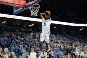 Creighton Bluejays Jamiya Neal dunks during a college basketball game against UCONN on February 11th, 2025 in Omaha Nebraska. Photo by Brandon Tiedemann.