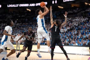 Creighton Bluejays Jasen Green shoots a jumpshot during a college basketball game against UCONN on February 11th, 2025 in Omaha Nebraska. Photo by Brandon Tiedemann.