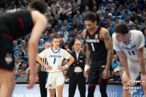 UConn head coach Dan Hurley watches the action on the court during a college basketball game against Creighton on February 11th, 2025 in Omaha Nebraska. Photo by Brandon Tiedemann.