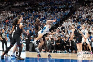 Creighton Bluejays Steven Ashworth gets fouled during a college basketball game against UCONN on February 11th, 2025 in Omaha Nebraska. Photo by Brandon Tiedemann.