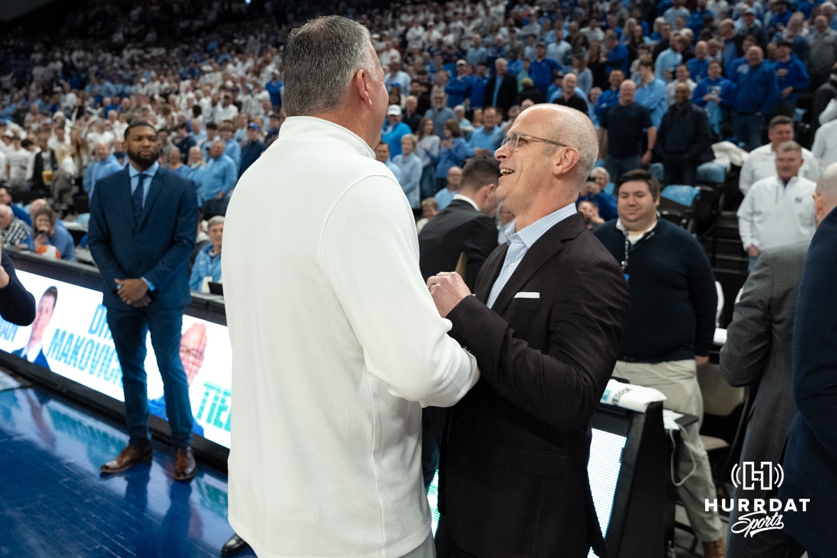 Creighton Men’s Basketball vs UCONN 2025-02-11 Creighton Bluejays Greg McDermott and Dan Hurley talk before a college basketball game against UCONN on February 11th, 2025 in Omaha Nebraska. Photo by Brandon Tiedemann.