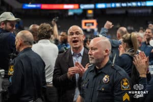 UConn Huskies head coach Dan Hurley talks back to the crowd during a college basketball game against Creighton on February 11th, 2025 in Omaha Nebraska. Photo by Brandon Tiedemann.