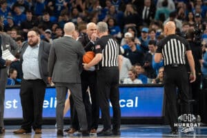 UConn Huskies head coach Dan Hurley yelling at a ref during a college basketball game against Creighton on February 11th, 2025 in Omaha Nebraska. Photo by Brandon Tiedemann.