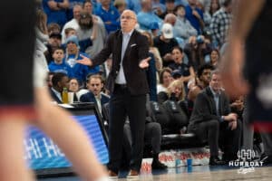 UConn Huskies head coach Dan Hurley confused after a play during a college basketball game against Creighton on February 11th, 2025 in Omaha Nebraska. Photo by Brandon Tiedemann.