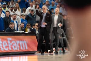 UConn Huskies head coach Dan Hurley after being given a warning during a college basketball game against Creighton on February 11th, 2025 in Omaha Nebraska. Photo by Brandon Tiedemann.