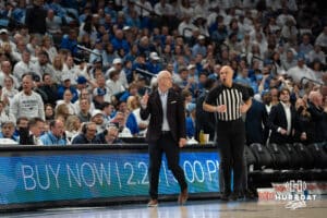 UConn Huskies head coach Dan Hurley celebrates a Liam McNeeley three during a college basketball game against Creighton on February 11th, 2025 in Omaha Nebraska. Photo by Brandon Tiedemann.