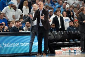 UConn Huskies head coach Dan Hurley upset about a foul call during a college basketball game against Creighton on February 11th, 2025 in Omaha Nebraska. Photo by Brandon Tiedemann.