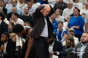 UConn Huskies head coach Dan Hurley shocked during a college basketball game against Creighton on February 11th, 2025 in Omaha Nebraska. Photo by Brandon Tiedemann.