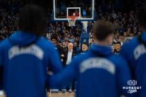 UConn Huskies head coach Dan Hurley during the national anthem before a college basketball game against Creighton on February 11th, 2025 in Omaha Nebraska. Photo by Brandon Tiedemann.
