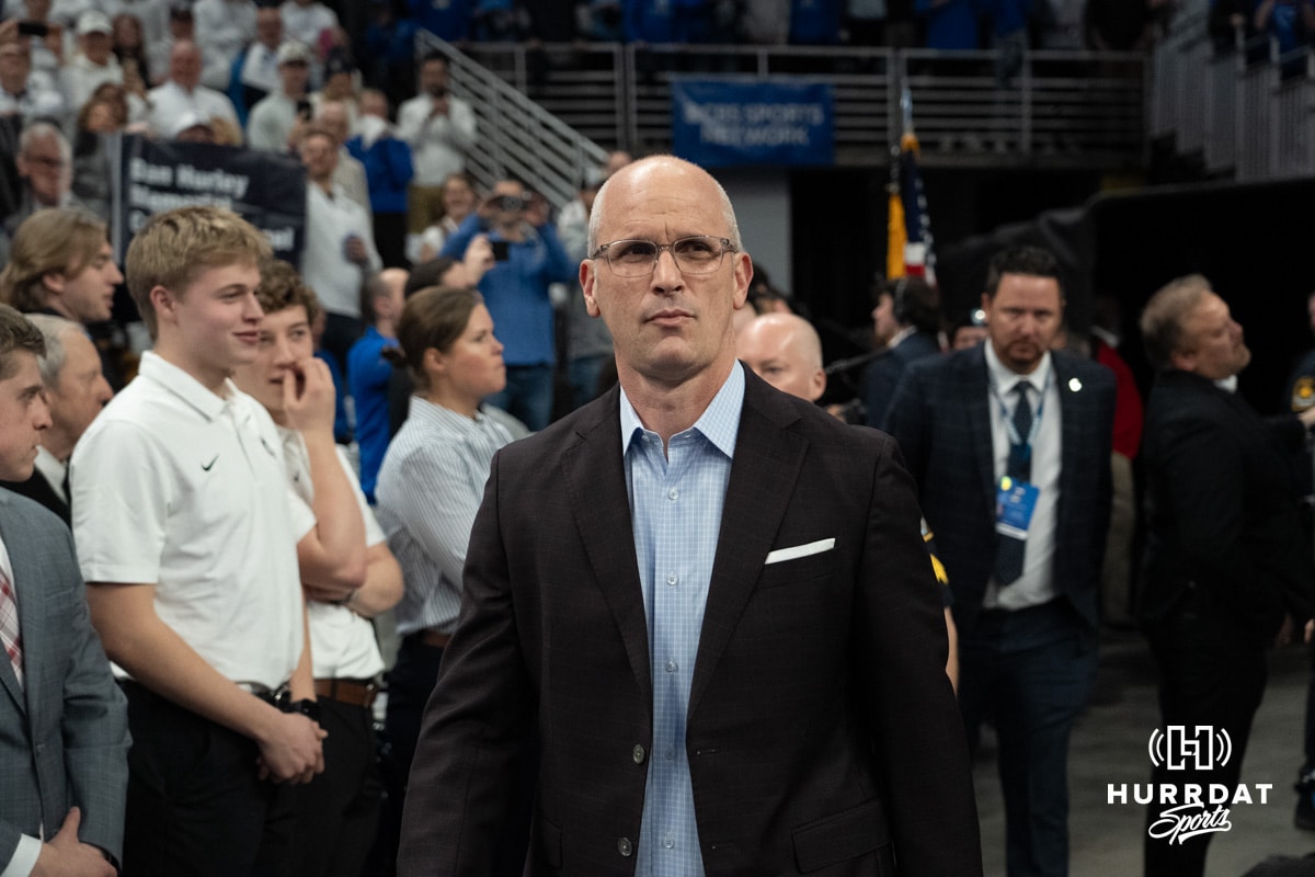 UConn Huskies head coach Dan Hurley walks onto the court before a college basketball game against Creighton on February 11th, 2025 in Omaha Nebraska. Photo by Brandon Tiedemann.