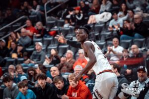 Omaha Mavericks Ja'Sean Glover celebrates a three-pointer against North Dakota State during a college basketball game on Saturday, February 8, 2025, in Omaha, Nebraska. Photo by Logan Hock.