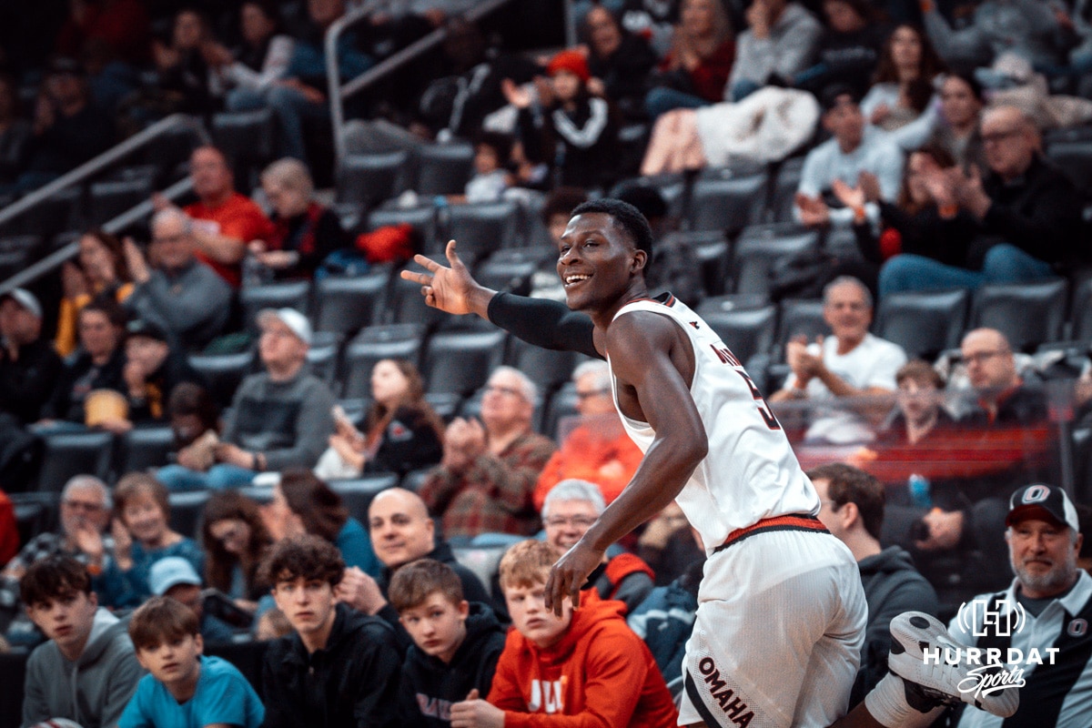 UNO MBB v Denver 2025-02-01 Omaha Mavericks Ja'Sean Glover celebrates a three-pointer against North Dakota State during a college basketball game on Saturday, February 8, 2025, in Omaha, Nebraska. Photo by Logan Hock.