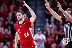 Nebraska Cornhusker guard Rollie Worster (24) celebrates a basket against the Ohio State Buckeyes during a college men’s basketball game on Sunday, February 9, 2025, in Lincoln, Nebraska. Photo by John S. Peterson.