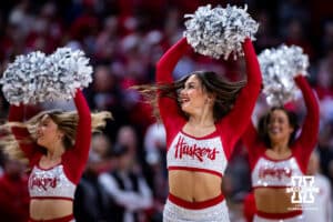 Nebraska Cornhuskers scarlets dance team performing at a timeout against the Ohio State Buckeyes during a college men’s basketball game on Sunday, February 9, 2025, in Lincoln, Nebraska. Photo by John S. Peterson.