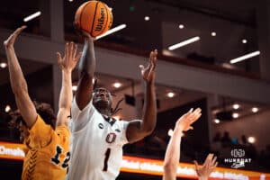 Omaha Maverick JJ White takes a shot against the North Dakota State Bison during a college basketball game on Saturday, February 8, 2025 in Omaha, Nebraska. Photo by Logan Hock.