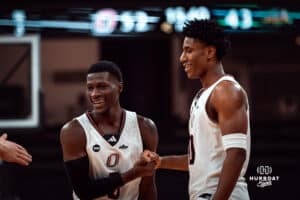 Omaha Maverick Ja'Sean Glover and Marquel Sutton celebrate a basket against the North Dakota State Bison during a college basketball game on Saturday, February 8, 2025 in Omaha, Nebraska. Photo by Logan Hock.