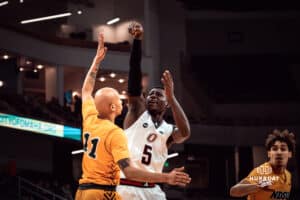 Omaha Maverick Ja'Sean Glover takes a shot against the North Dakota State Bison during a college basketball game on Saturday, February 8, 2025 in Omaha, Nebraska. Photo by Logan Hock.