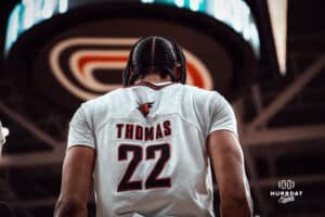 Omaha Maverick Kamryn Thomas against the North Dakota State Bison during a college basketball game on Saturday, February 8, 2025 in Omaha, Nebraska. Photo by Logan Hock.
