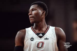 Omaha Maverick Ja'Sean Glover against the North Dakota State Bison during a college basketball game on Saturday, February 8, 2025 in Omaha, Nebraska. Photo by Logan Hock.