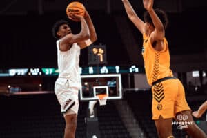 Omaha Maverick Marquel Sutton takes a shot against the North Dakota State Bison during a college basketball game on Saturday, February 8, 2025 in Omaha, Nebraska. Photo by Logan Hock.