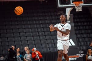 Omaha Maverick JJ White makes a pass against the North Dakota State Bison during a college basketball game on Saturday, February 8, 2025 in Omaha, Nebraska. Photo by Logan Hock.