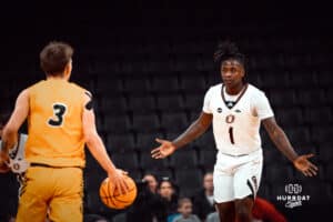 Omaha Maverick JJ White defends against the North Dakota State Bison during a college basketball game on Saturday, February 8, 2025 in Omaha, Nebraska. Photo by Logan Hock.