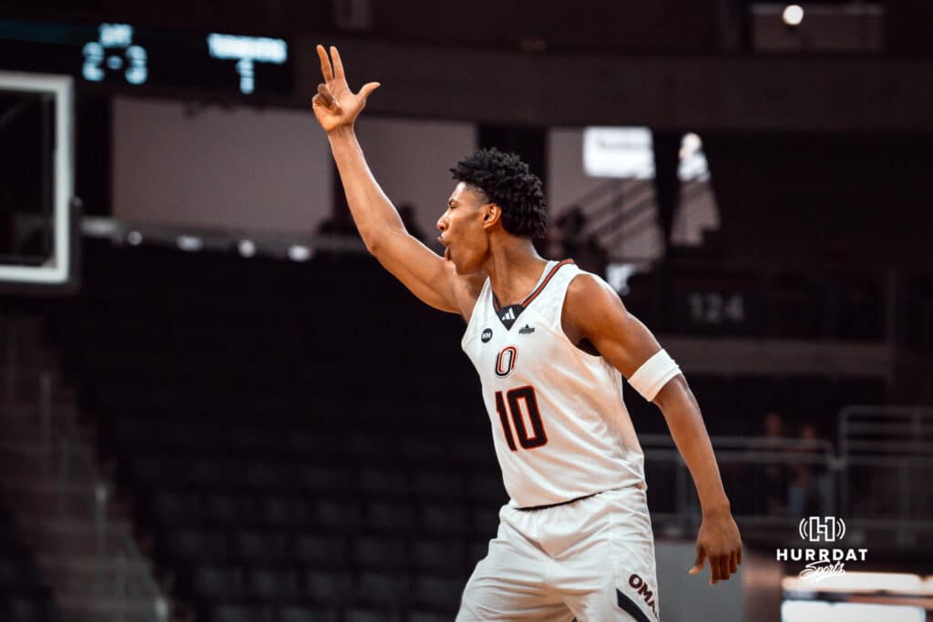 Omaha Maverick Marquel Sutton celebrates a three-pointer against the North Dakota State Bison during a college basketball game on Saturday, February 8, 2025 in Omaha, Nebraska. Photo by Logan Hock.