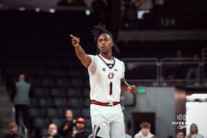 Omaha Maverick JJ White celebrates a basket against the North Dakota State Bison during a college basketball game on Saturday, February 8, 2025 in Omaha, Nebraska. Photo by Logan Hock.