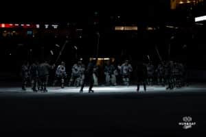 Omaha Mavericks gather after the match in a circle during a hockey match at Baxter Arena on Saturday, February 2, 2025, in Omaha, Nebraska. Photo by Collin Stilen.