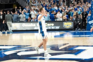 Creighton Bluejays celebrates after a win against Marquette on February 8th, 2025 in Omaha, Nebraska. Photo by Brandon Tiedemann.