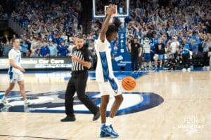 Creighton Bluejays Jamiya Neal pumps up the crowd during a college basketball game against Marquette on February 8th, 2025 in Omaha, Nebraska. Photo by Brandon Tiedemann.