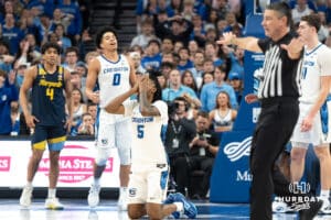 Creighton Bluejays Jamiya Neal upset after getting called for a foul during a college basketball game against Marquette on February 8th, 2025 in Omaha, Nebraska. Photo by Brandon Tiedemann.