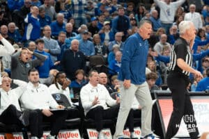 Creighton Bluejays Greg McDermott upset after a foul call during a college basketball game against Marquette on February 8th, 2025 in Omaha, Nebraska. Photo by Brandon Tiedemann.