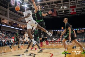 Omaha Mavericks JJ White makes a layup against the North Dakota Fighting Hawks during a college basketball game on Thursday, February 6, 2025, in Omaha, Nebraska. Photo By Sam Brennan.