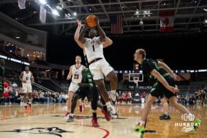 Omaha Mavericks JJ White makes a layup against the North Dakota Fighting Hawks during a college basketball game on Thursday, February 6, 2025, in Omaha, Nebraska. Photo By Sam Brennan.