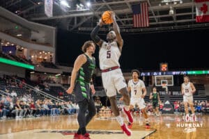 Omaha Mavericks Ja'Sean Glover makes a layup against the North Dakota Fighting Hawks during a college basketball game on Thursday, February 6, 2025, in Omaha, Nebraska. Photo By Sam Brennan.