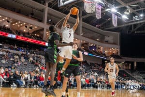 Omaha Mavericks Lance Waddles makes a layup against the North Dakota Fighting Hawks during a college basketball game on Thursday, February 6, 2025, in Omaha, Nebraska. Photo By Sam Brennan.