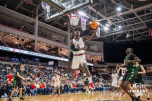 Omaha Mavericks Ja'Sean Glover makes a layup against the North Dakota Fighting Hawks scoring during a college basketball game on Thursday, February 6, 2025, in Omaha, Nebraska. Photo By Sam Brennan.