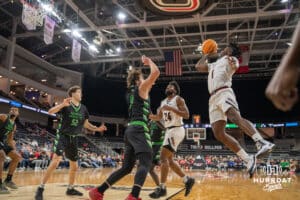 Omaha Mavericks JJ White shoots a jump shot against the North Dakota Fighting Hawks during a college basketball game on Thursday, February 6, 2025, in Omaha, Nebraska. Photo By Sam Brennan.